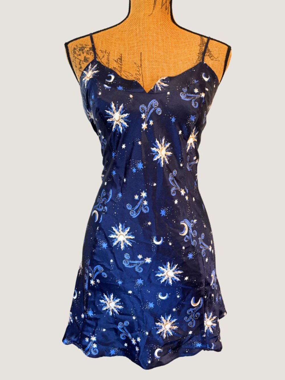 90s Celestial Slip Dress Moon Star Print Satin Lingerie Dress Size L